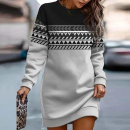 Casual Dresses Women Fall Winter Dress Retro Colour Matching Patchwork Long Sleeve Round Neck Thick Geometric Print Warm Pullover Mini