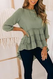 Women's Blouses Green High-low Hem Ruffle 3/4 Sleeve Blouse Top Women Tiered Detail Casual Autumn Spring Tops