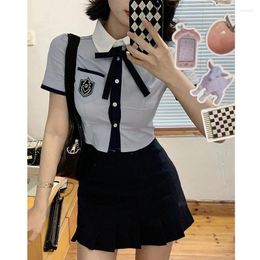 Women's Blouses Japan Korean Student JK School Uniform Summer Sweet Vintage Cute Girls Navy Blue Bow Tie Slim Bandage Shirt Blouse Tops