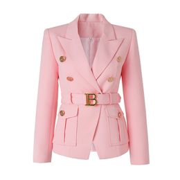 New Designer Women Blazers Coats Lion Head Golden Buttons Double Breasted Suit Jacket with Sashes Ladies Slim Business Blazer Formal Party Wear