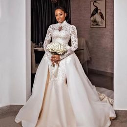 Graceful Lace A Line Wedding Dresses 2023 Beaded High Neck Plus Size Bridal Gowns With Detachable Train Long Sleeves Tulle Vestido De Novia E0210