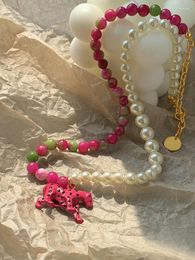 Pendant Necklaces Pink Leopard Pearl Necklace Women's Luxury European And American Style Collar Chain