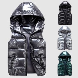 Men s Vests Men Winter Hooded Coat Fashion Glossy Down Cotton Sleeveless Jacket Thicken Warm S 4XL 230225