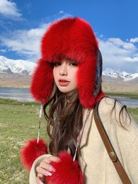 Womens Real Fox Fur Hat Russian Ushanka Winter Hat Aviator Trapper Hunter Hat Outdoor Ski Cap