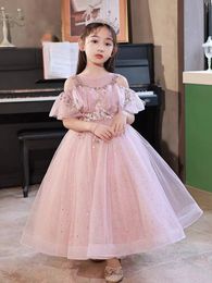 2023 pink Princess Flowers Girls Dresses For Wedding V Neck Backless Appliques Ball Gown Kids Pageant Gowns First Holy Communion Dress bridesmaid dress shiny gown