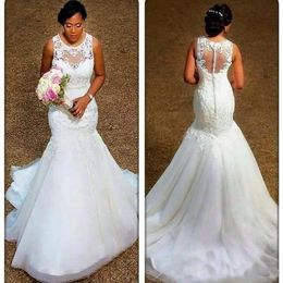 Elegant Mermaid Wedding Dresses Real Image Sheer Neck Appliques Lace Tulle Plus Size Formal Gown Bridal Gowns Illusion Button Back267M