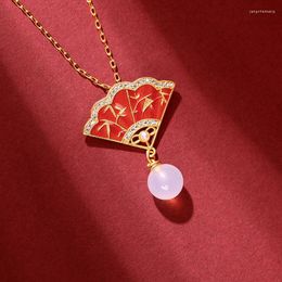 Chains Inspired Design Classic Chinese Style Enamel Red Fan Shaped Pendant Inlaid With Natural An Jade Bead Necklace Wedding Jewellery