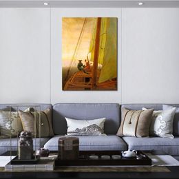 Landscape Canvas Art on Board of A Sailing Ship Caspar David Friedrich Painting Handmade Romantic Artwork Loft Decor