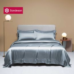 Bedding sets Sondeson Noble Pure 100 Silk Bedding Set Blue Grey Duvet Cover Case Bed Sheet Quilt Cover King Queen For Beauty Sleep Z0612