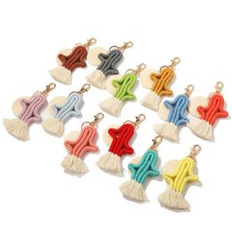 Party Favor Creative Cactus Tassel Keychain Pendant DIY Blank Wood Chip Braided Woven Keychains Luggage Decoration Pendants Key Ring Gifts Q191