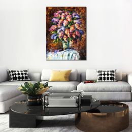 Textured Contemporary Art Blue and Red Flowers Hand Painted Still Life Canvas Painting Bedroom Decor
