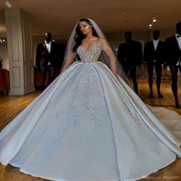 Luxury arabic dubai Plus Size Ball Gown Wedding Dresses Sheer Neck Crystals Beads Sequin Floor Length Wedding Dress Bridal Gown ve271W
