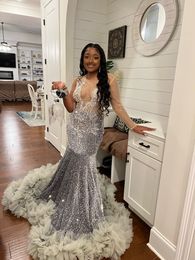 Sparkly Sivler Sequins Mermaid Prom Dress For Black Girls Crystal Ruffle Bead Evening Party Gown Robe De Bal Custom Made