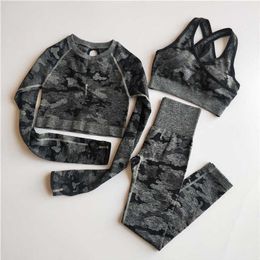 3PCS Camo Seamless Yoga Set Sports Wear Women Fitness Clothing Yoga Leggings Sport Bra Long Sleeve Crop Top Gym Sports Suits T2003231p