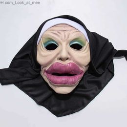 Party Masks Funny Sexy Big Lips Nun Mask Cosplay Full Head Masks with Headscarf Halloween Carnival Party Costume Props Q231007