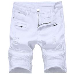 Summer Mens Denim Shorts Slim Casual Knee Length Short Hole Jeans Shorts for Men Straight Bermuda Masculina White Black Red279H