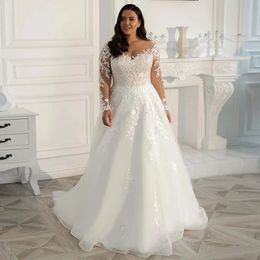 Vintage Lace Wedding Dresses Plus Size Elegant Big Women's Long Sleeves Scoop A Line Tulle Bridal Gowns Robe De