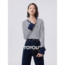 Women's T Shirts Toyouth Women Striped Tees 2023 Autumn Long Sleeve Round Neck Slim Stretch T-shirt Navy White Stripe Embroidery Casual Tops