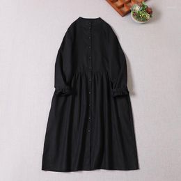 Casual Dresses Japanese Long-sleeved Dress Loose Linen Solid Colour Spring 2023 Robe Midi