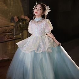 new blue shiny Flower Girl Dresses for wedding 2023 First Holy Communion Dresses For Girls Ball Gown Wedding Party Dress Kids Evening Prom birthday christmas Dress