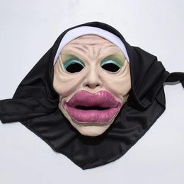 Party Supplies Funny Sexy Big Lips Nun Mask Cosplay Full Head Masks With Headscarf Halloween Carnival Costume Props