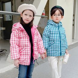 Down Coat Children's Jacket Girls' And Boys' Autumn Winter Korean Fashion Plaid Dinosaur Hooded Loose Basic Casual Outwear 231016