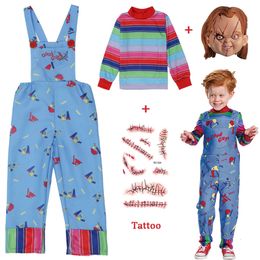 Chucky Cosplay Halloween Costume for Kids Girls Play Toddler Chucky Mask Costume Full Set Send Scars Tattoo Stickers Giftscosplay