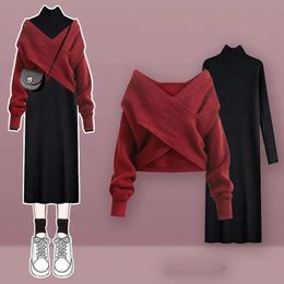 Two Piece Dress Large Plus Autumn Dress Set Women Slim Red Criss-cross Sweater PulloverHigh Neck Medium Length Knitted Skirt Two Piece Set 231020