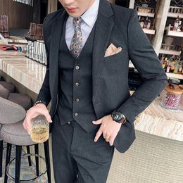 Men's Suits (Jacket Vest Pants) Autumn/winter 2023 Suit British Style Pure Color Luxury Business Casual Wedding Dress Tuxedo
