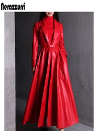 Women's Leather Faux Nerazzurri High Quality Red Black Maxi Pu Trench Coat for Women Long Skirted Elegant Overcoat Fashion 5xl 6xl 7xl 231026