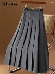 Skirts Yitimoky Suits Pleated Skirt For Women 2203 High Waisted Korean Fashion Elegant Midi Office Ladies Vintage Solid