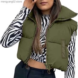 Women's Vests TETYSEYSH Women High Neck Cropped Waistcoat Hot Lightweight Puffer Vest Chic Lady Sleeveless Solid Color Warm Jackets Outwear T231030
