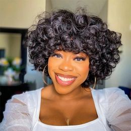 Funmi Human Hair Wig With Bangs Full Machine Made 14inch Rose Curly authentic real Wigs For Women Bouncy Curl Brazilian Pixie Cut bob