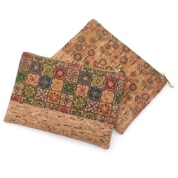 100pcs Cosmetic Bags Women Cork Portuguese Tile Pattern Long Wash Bag