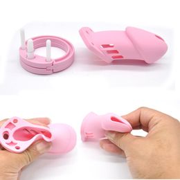 Cockrings Pink Silicone Male Chastity Cage Device Belt Gimp Small/Large Lockable Ring Sex Toys with 5 Cock Ring Penis Sleeve for Men BDSM 220916