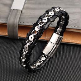 Charm Bracelets 316L Stainless Steel Bracelet For Men Vintage Woven Leather Bangle Wrist Band Hand Chain Male Punk Hiphop Jewellery Gift