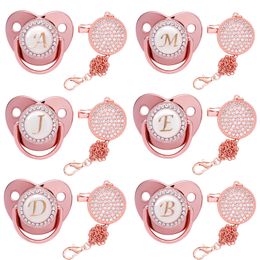 Pacifiers# Rose Gold Baby Pacifier With Chain Clips Born Infant Silicone Pacifiers Bling Rhinestone Soother Nipple Birthday GiftPacifiers#