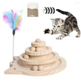 Cat Toys 3-Layer Turntable Wooden Toy Multi-Layer Rotating Track Interactive Game Ball Disc With Funny Stick Pet Supplies
