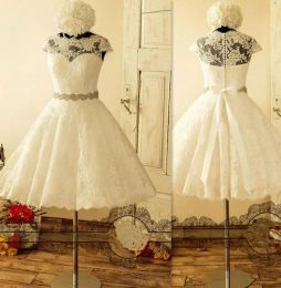 Vintage Short Wedding Dresses Bridal Gown Lace Applique A Line Cap Sleeves Knee Length Crystals Beaded Plus Size Custom Made Garden Vestido De Novia 403 403