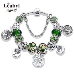Beaded Tree of Life Bracelet Green Crystal Large Hole Bead Painted Leaves and Flowers