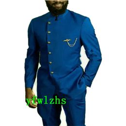 Handsome Single Breasting Groomsmen Mandarin Lapel Groom Tuxedos Man's Suits Wedding/Prom/Dinner Man Blazer Jacket Pants Tie K798