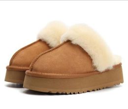 Designer Fur Mule Slipper Fluffy Winter Warm House Platform Slippers Chestnut Real Leather Indoor Thick Bottom Sliders