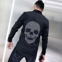 Men's Casual Shirts Autumn Black And White Solid Color Diamond Design Skull T-Shirt Button Lapel Style Spring Business Youth Long Sleeve