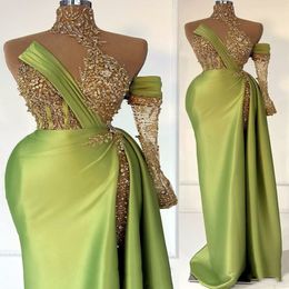 2022 Arabic Aso Ebi Mint Sheath Prom Dresses Lace Beaded Crystals Evening Formal Party Second Reception Birthday Engagement Bridesmaid Gowns Dress ZJ344