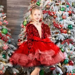 Flower Girls Dresses Toddler For Weddings Square Neck Long Sleeves Sequined Lace Short Tiered Ruffles Dark Red Green Birthday Children Girl Pageant Gowns Bow