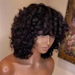 Funmi Human Hair Wig With Bangs Full Machine Made Deep Wave Short Rose Curly For Black Women Water Virgin Brazilian PixieCut Wig 150%density