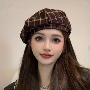 Berets moda britânica retro verificação boina chapéu outono e inverno coreano casual pintor mulher simples lã bud maré