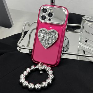 Koreli altın kaplı kolye dairesel bilezik, iPhone 13 Pro Max 14 için uygun büyük pencere telefon kasası, 12 11 elmas kalp aynası tutucu 240102
