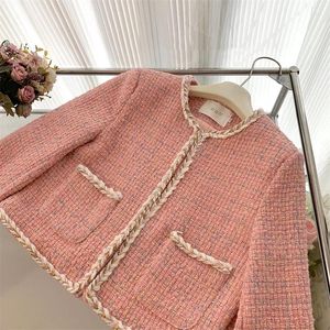 Jaquetas femininas rosa tweed tecer design em torno do pescoço jaqueta curta primavera outono chique estilo vintage feminino manga comprida casaco fino