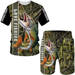Etekler yenilik 3d balık baskılı erkek kadın tees/şort/takım elbise haruku kamufla balık avlama kamp kıyafetleri moda açık spor giyim seti